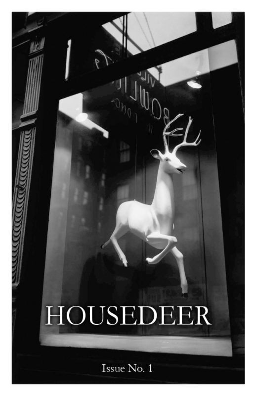 The cover of Housedeer No 1 about Liza Stelle is a photo by Berenice Abbott of an artificial white deer hanging in a store window
